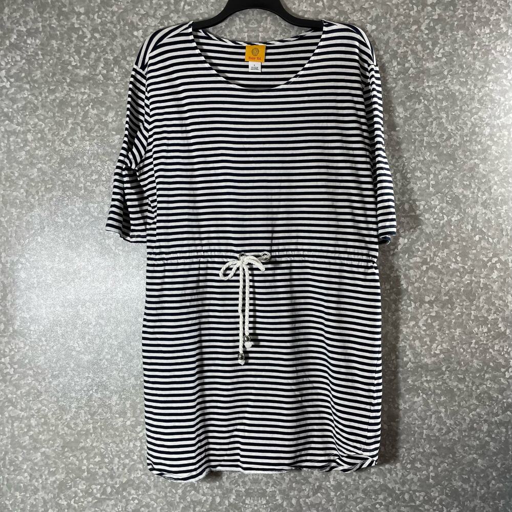 Ruby Rd. Women's Black & White Striped Casual Dress - Large - Drawstring Waist
